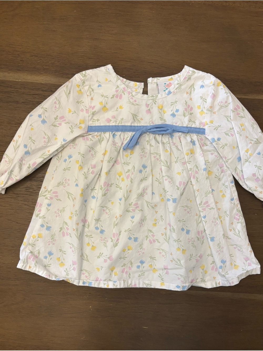 Girls White Floral Long-Sleeve Dress with Blue Bow